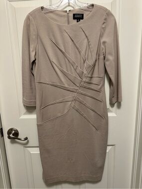 Adrianna Papell Taupe Midi Dress with Pleated Overlay